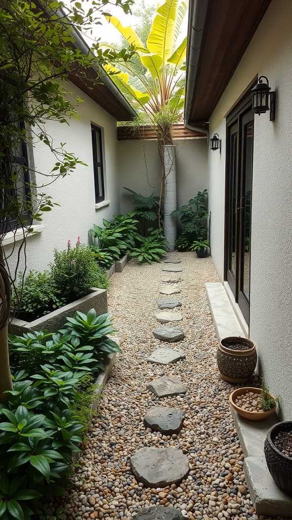 A narrow courtyard with a stone pathway surrounded by lush green plants and a lantern.