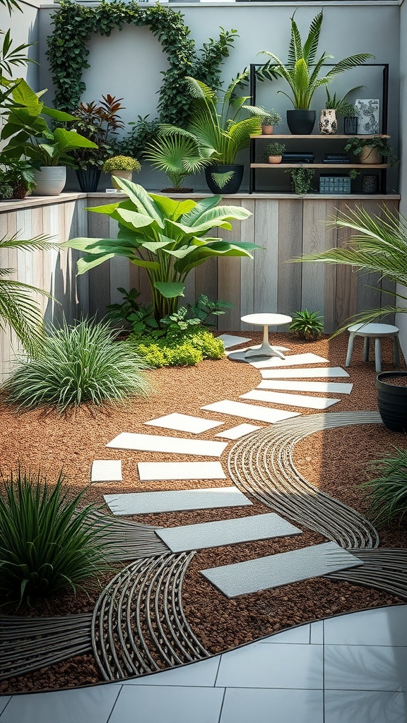 A landscaped area featuring mulch, stone pathways, and various plants