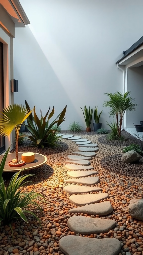 A beautifully landscaped pathway featuring recycled stone steps, pebbles, and various plants