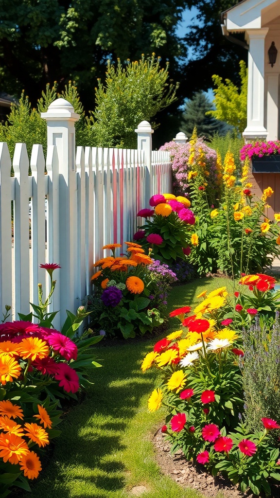 Colorful flower garden with a white picket fence