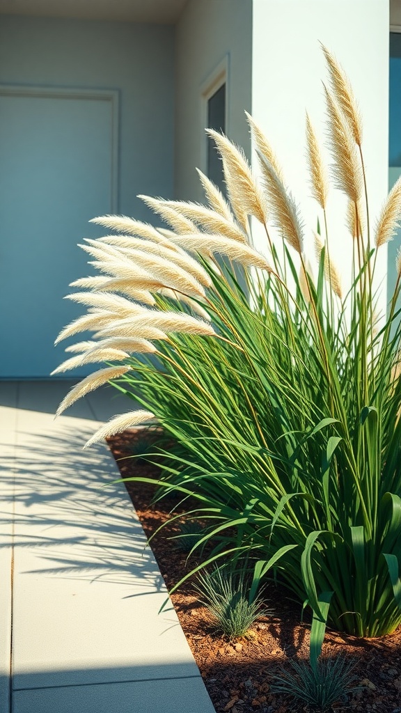 A side view of a driveway with tall ornamental grasses and a modern house