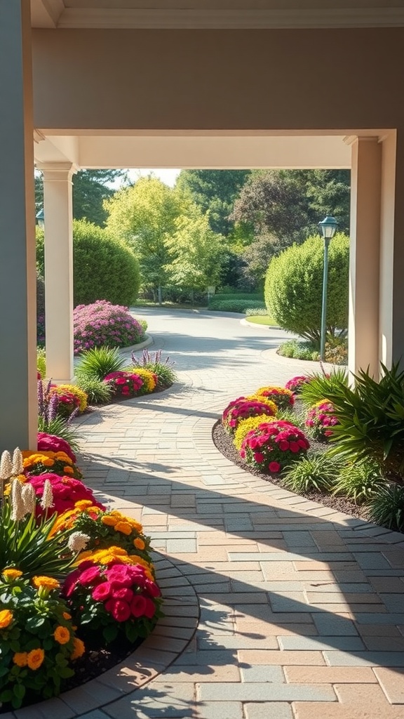 Curved pathway with colorful flowers and greenery