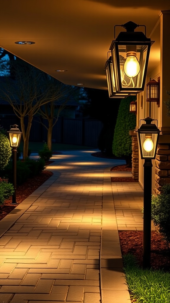 A beautifully illuminated walkway with lantern-style lights along a paved path