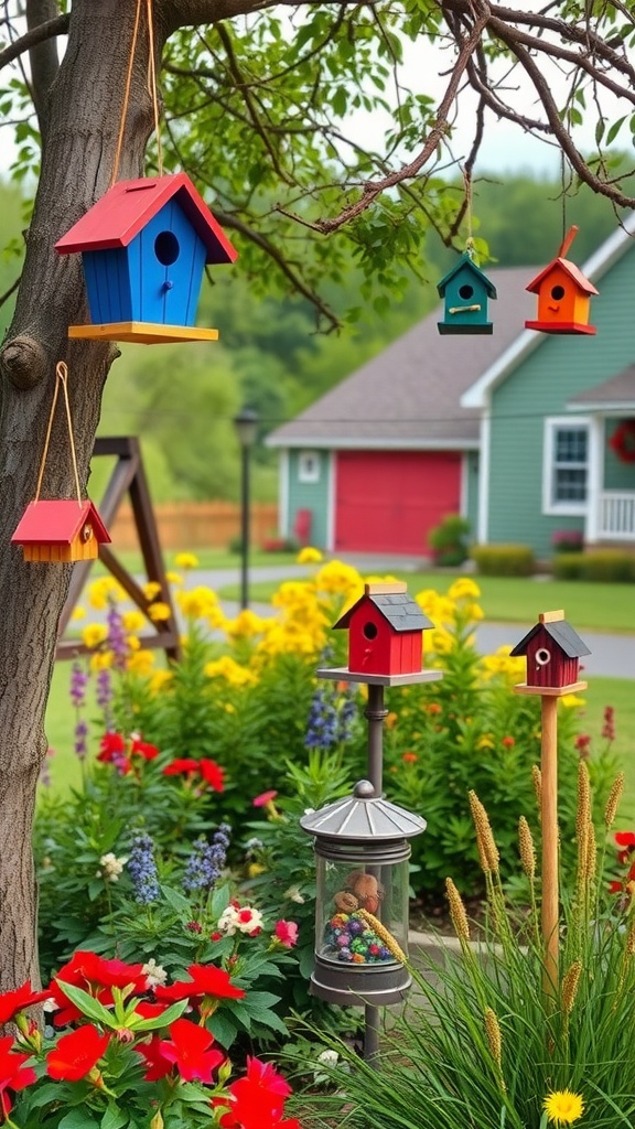 Colorful birdhouses hanging from a tree in a picturesque farmhouse garden with blooming flowers