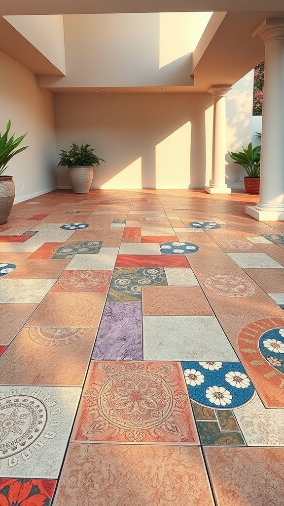 Colorful decorative concrete tiles with various patterns in a bright space