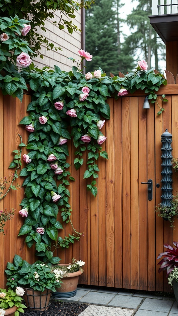 A wooden fence with climbing roses and potted plants, enhancing the side yard's beauty.