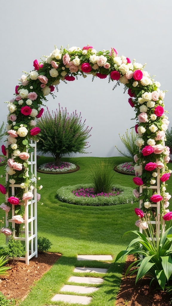 A decorative garden arch adorned with pink and white flowers, leading into a lush green garden with flower beds.