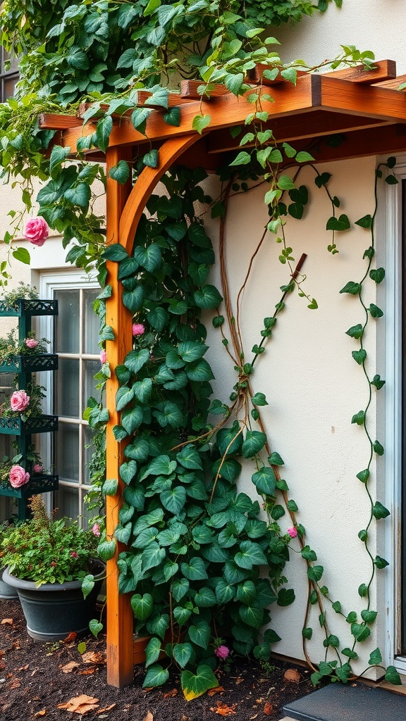 Decorative garden trellis with green vines and flowers, enhancing the side yard.