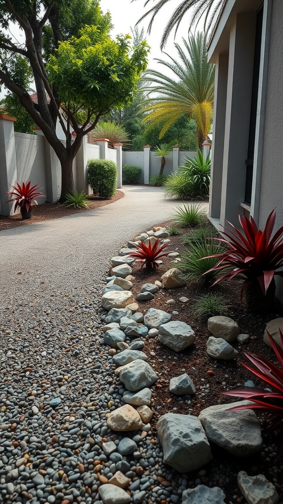 A decorative gravel pathway lined with smooth stones and colorful plants.