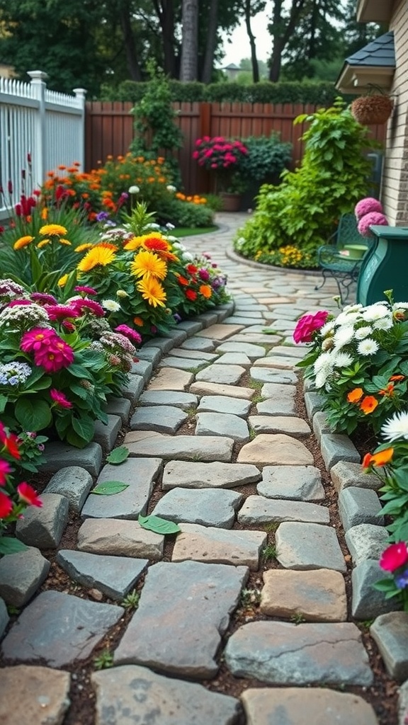 A decorative stone pathway surrounded by colorful flowers.