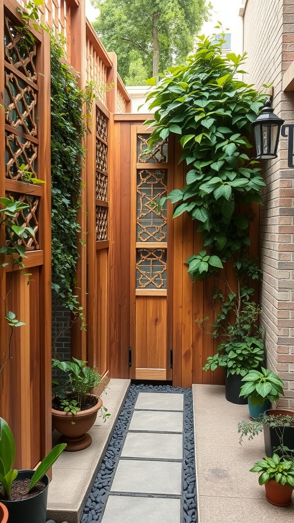 A small courtyard featuring a wooden gate surrounded by climbing plants, with potted greenery and outdoor seating.