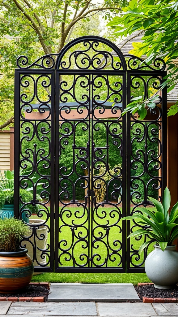 A decorative black metal screen with intricate designs in a backyard setting.