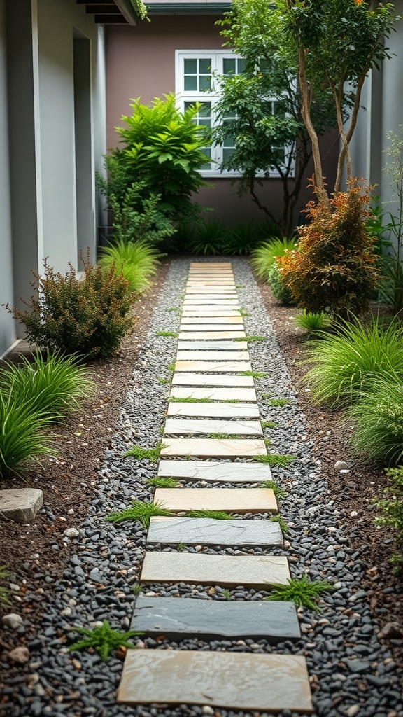 A decorative stone pathway bordered by greenery and plants, showcasing stone slabs and gravel.