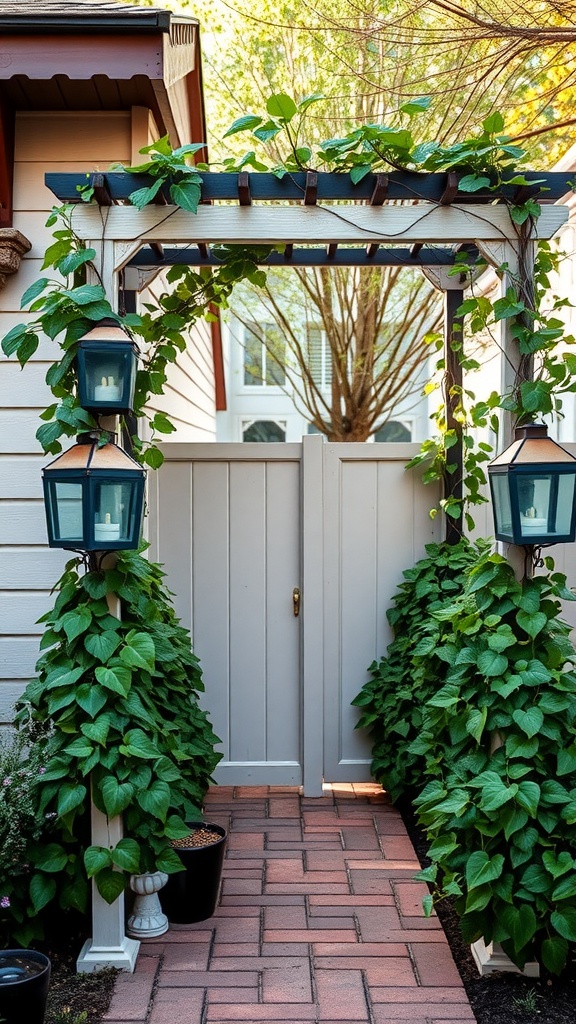 Decorative trellis archway covered in green vines with lanterns on either side, leading to a door.