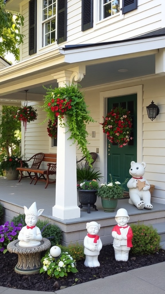 Front porch with garden statues, flowers, and a welcoming atmosphere