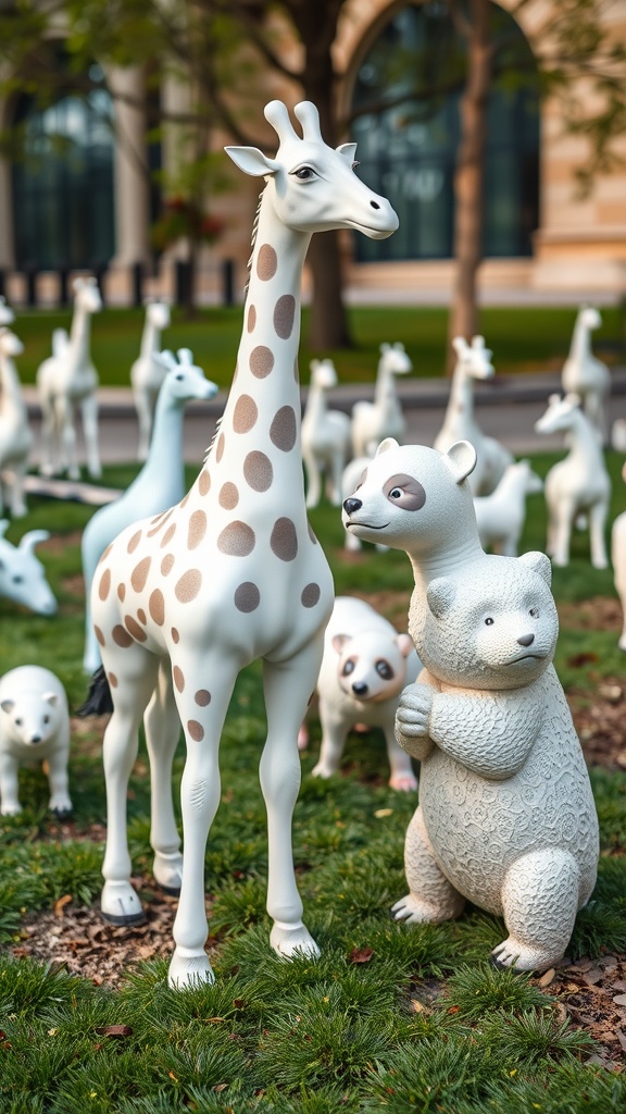 Outdoor art display area with sculptures and paintings around a wooden shed