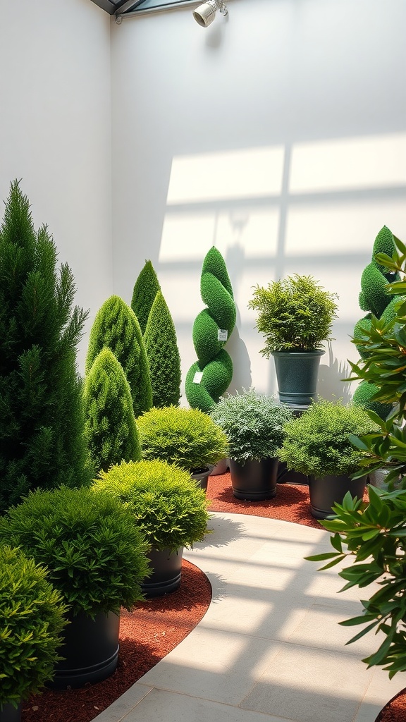 An arrangement of various boxwood plants in a bright indoor space.