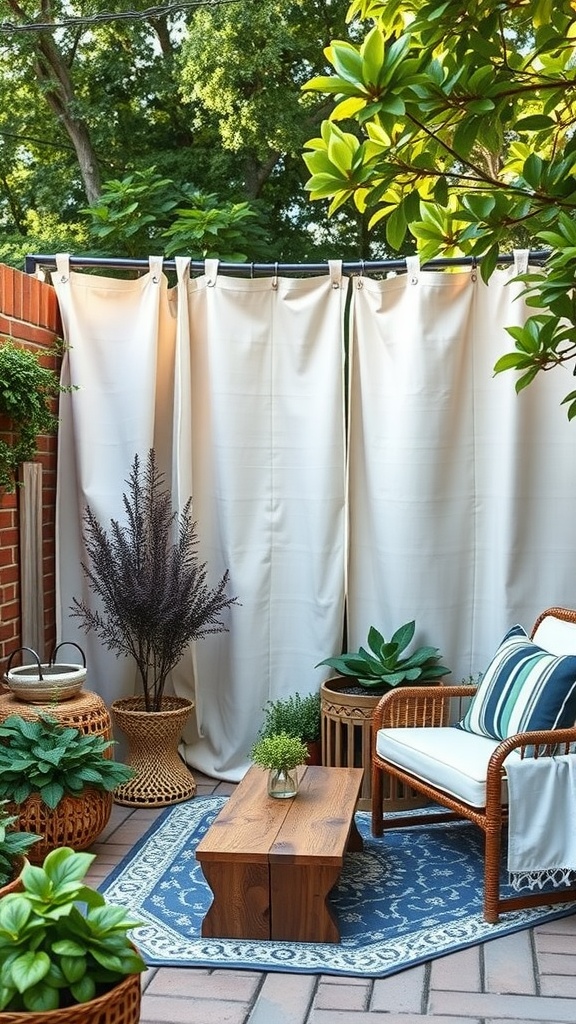 A cozy outdoor space with fabric privacy panels, plants, and comfortable seating.