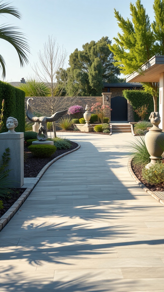 A beautifully landscaped driveway featuring garden sculptures and ornamental vases, creating an inviting atmosphere.