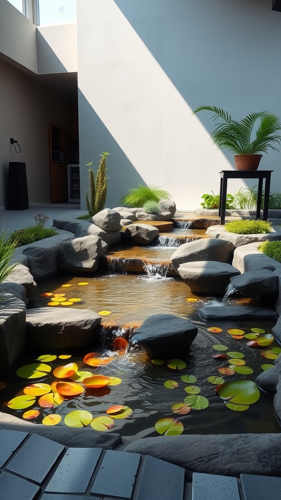 A serene water feature with a small pond surrounded by stones and water lilies.