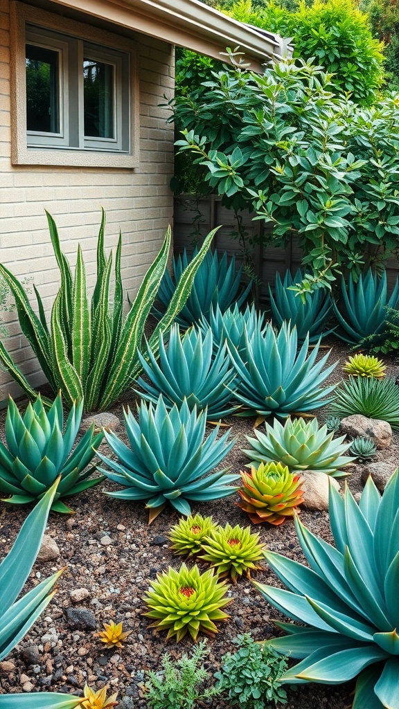 Drought-resistant plants in a small side yard featuring succulents and agave