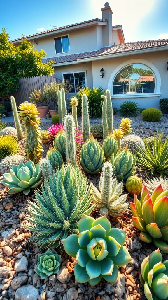 A vibrant succulent garden showcasing various types of succulents in a full sun setting.