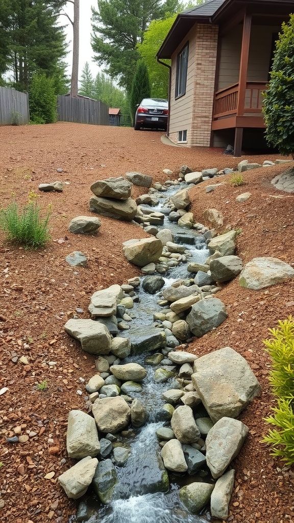 A dry creek bed designed for erosion control in a sloped backyard, featuring rocks and native plants.