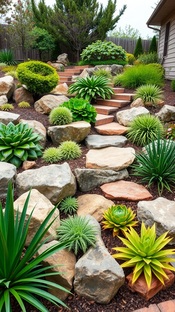 A dry riverbed made of smooth stones, surrounded by small plants and sandy soil.