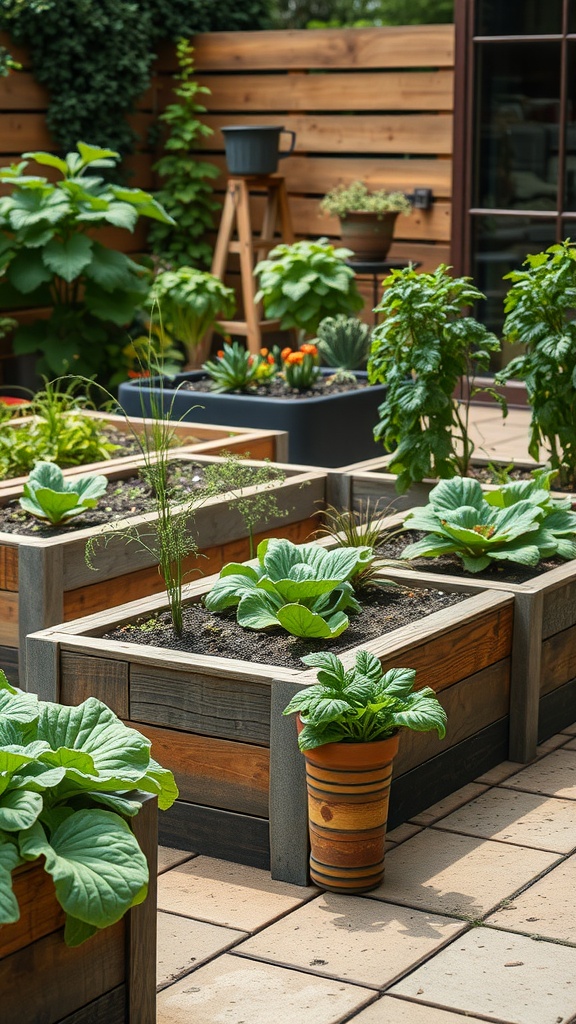 Eco-friendly raised garden beds with various plants in a patio garden.