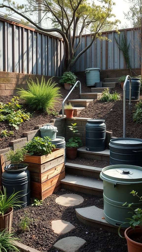 A sloped backyard with stone steps, planters, and rain barrels, showcasing eco-friendly landscaping.