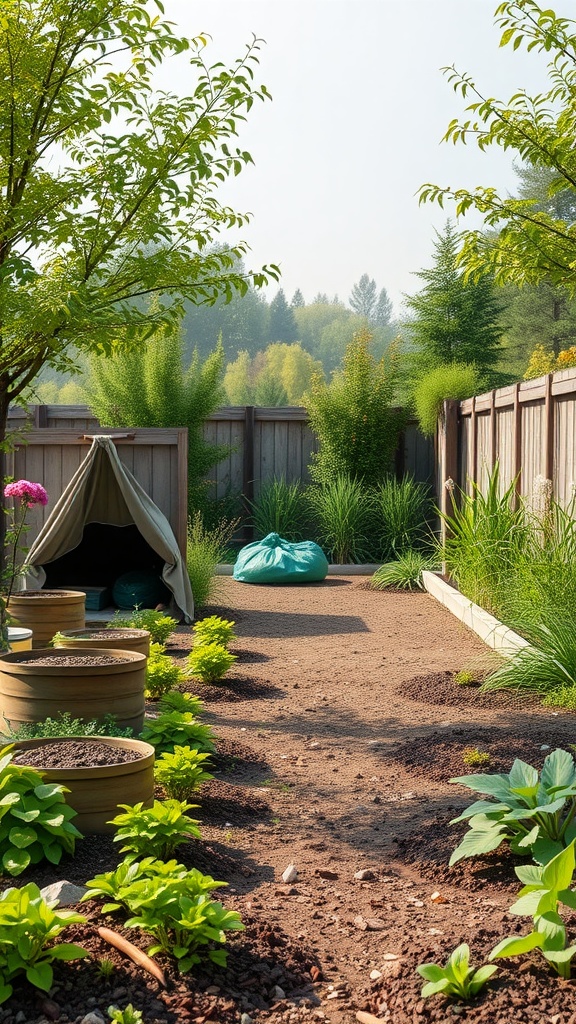 Eco-friendly landscaping with a pathway, potted plants, and natural materials.