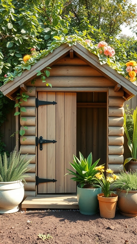 Eco-friendly garden shed made of recycled materials surrounded by plants and flowers