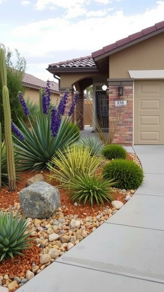 A xeriscaped driveway with cacti and succulents surrounded by gravel and stones.