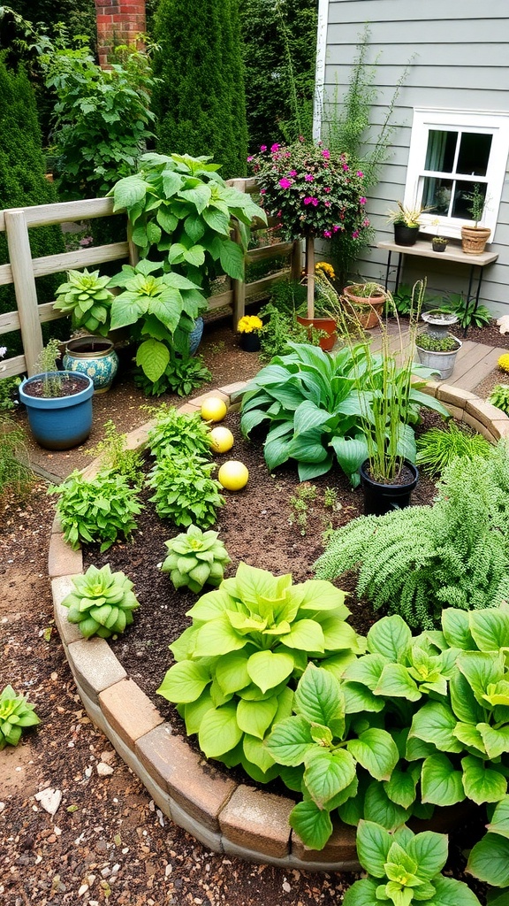 A lush garden with tomatoes, zucchini, and leafy greens thriving in rich soil.