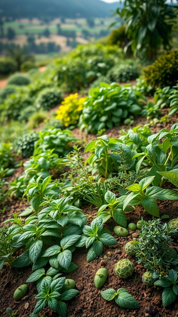 A vibrant hill landscape filled with various herbs and greens, showcasing a lush garden.