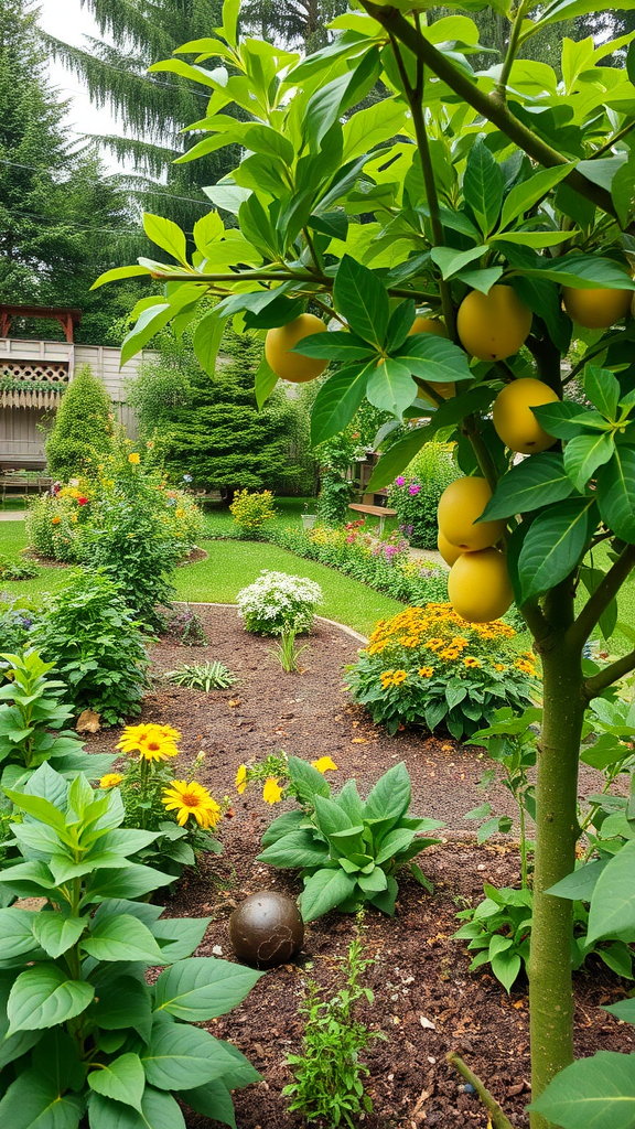 A vibrant backyard filled with orange fruits, green plants, and vegetables, showcasing edible landscaping.