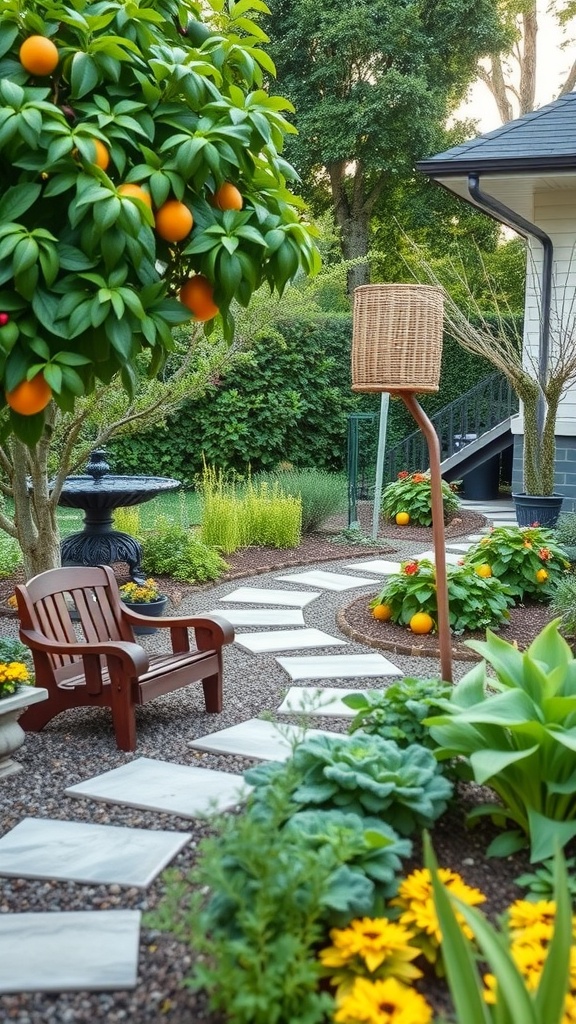 A beautiful garden featuring a fruit tree with oranges, vibrant flowers, and a winding path.