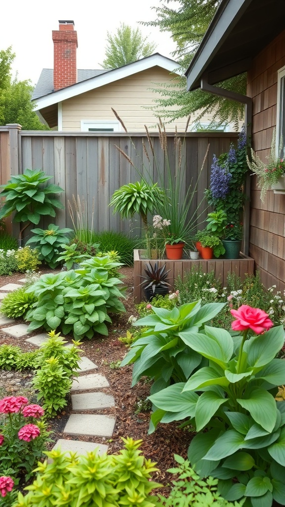 A beautifully arranged edible garden featuring various plants and herbs in pots