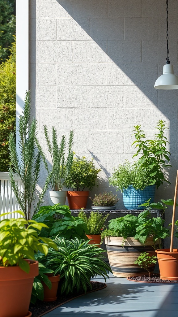 A vibrant display of potted herbs and plants arranged beside a wall, showcasing a variety of greenery.