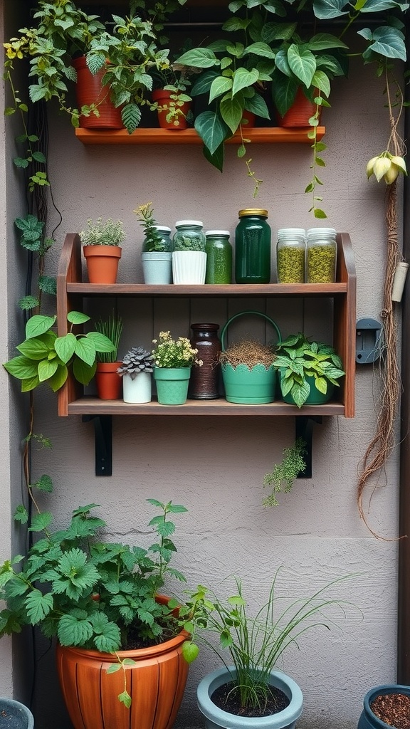 Shelves with potted plants and jars in a small backyard