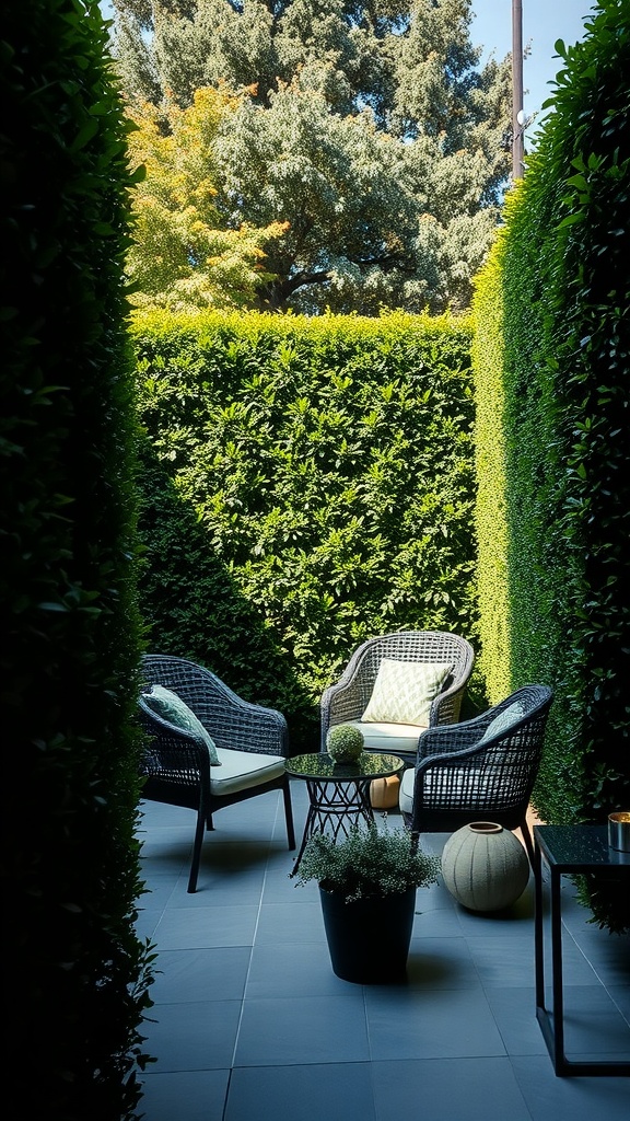 A cozy patio surrounded by tall boxwood hedges, featuring comfortable seating and a stylish table.