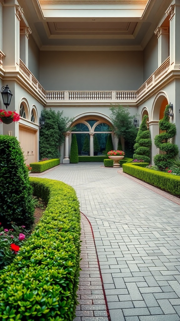 A well-landscaped driveway featuring elegant fencing, trimmed hedges, and vibrant flower pots.