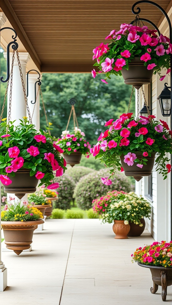 Hanging planters with pink flowers on a porch