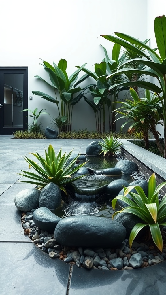 A serene water feature with stones and plants beside a modern driveway.