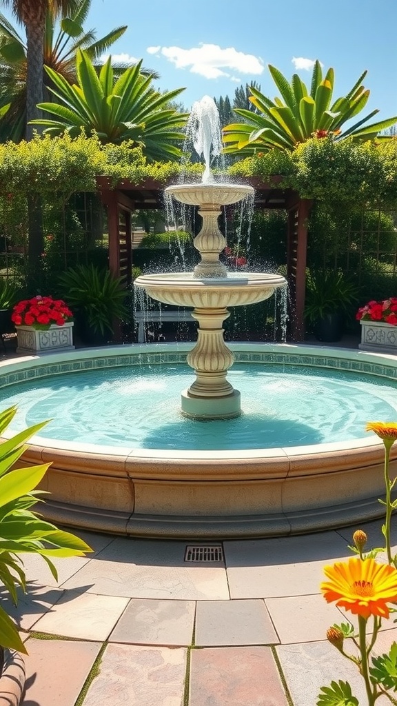 A beautiful fountain surrounded by lush greenery and colorful flowers in a sunny garden