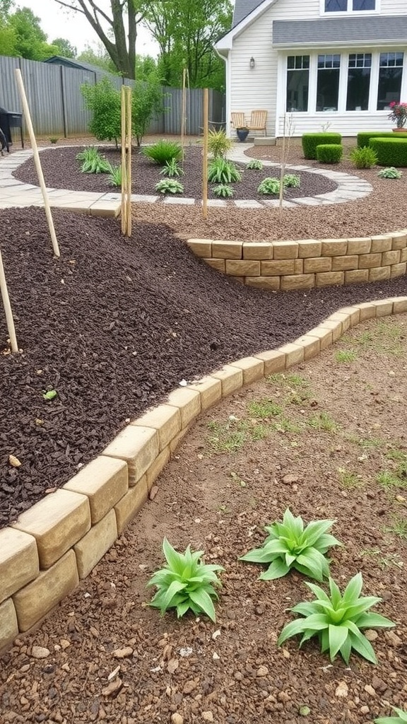 A sloped backyard featuring tiered plants, rocks, and mulch for effective soil retention.