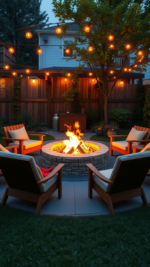 A cozy backyard fire pit area with chairs, a stone fire pit, and string lights.