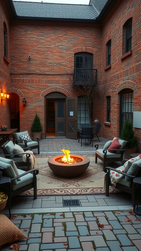 Cozy courtyard with a fire pit surrounded by seating.