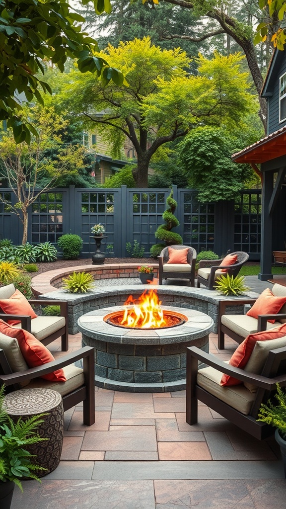 A cozy fire pit area with comfortable seating and surrounding greenery