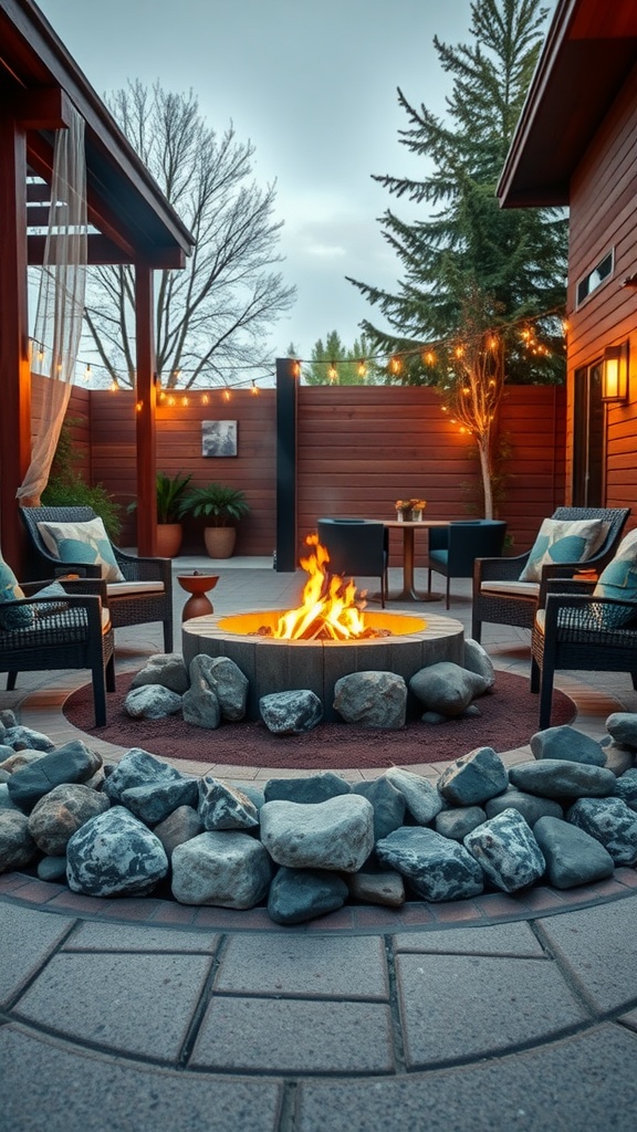 A cozy fire pit surrounded by rocks, with seating and string lights in an inviting outdoor space.